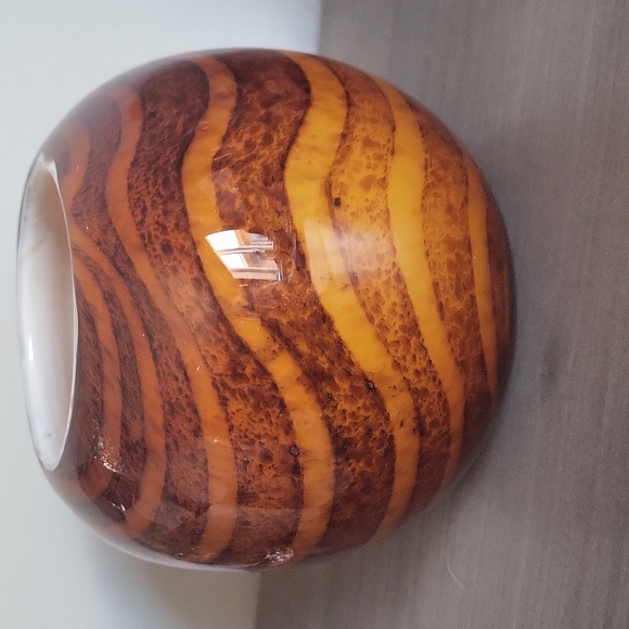 Vintage Tiger Stripe Art Glass Vase, Amber Blown Glass Bowl, Glass Sphere Vase, - Picture 9 of 9